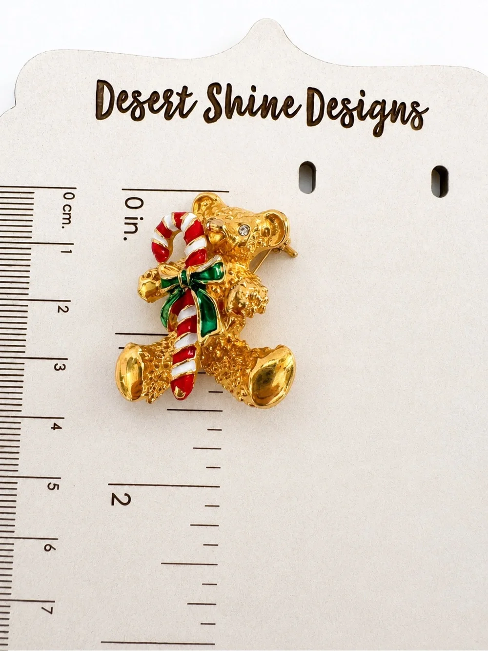 Vintage Gold Tone Teddy Bear Christmas Brooch Pin Candy Cane Holiday Rhinestones